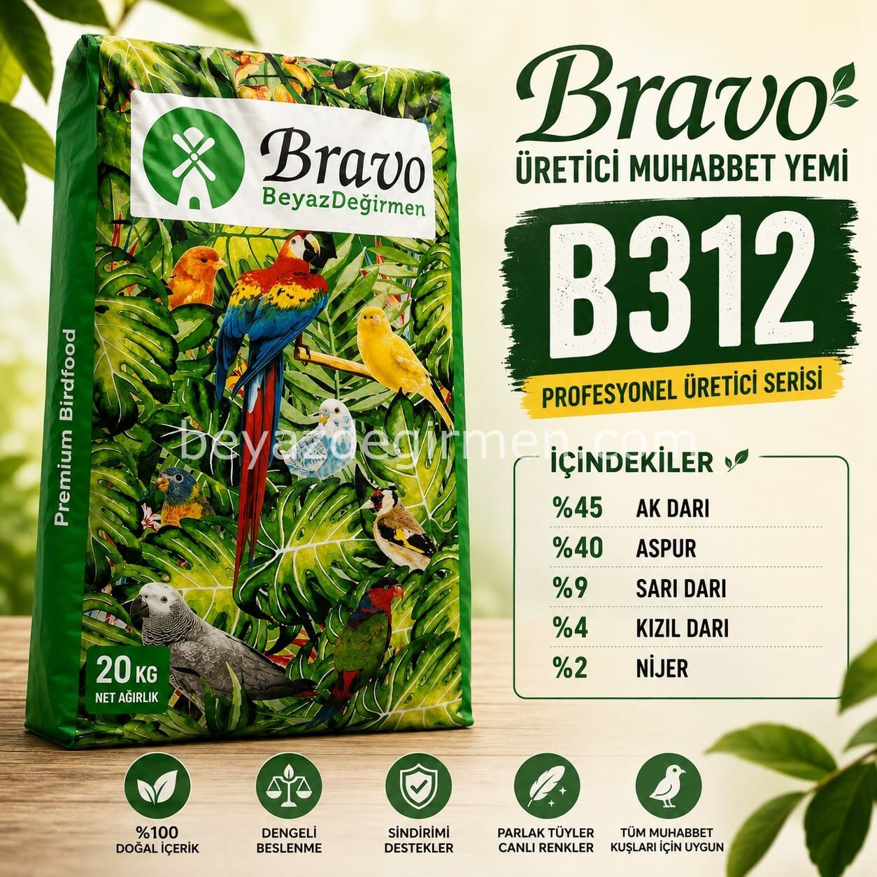 Bravo Üretici Muhabbet Kuşu Yemi 20 Kg – Karışık İçerik (B312)