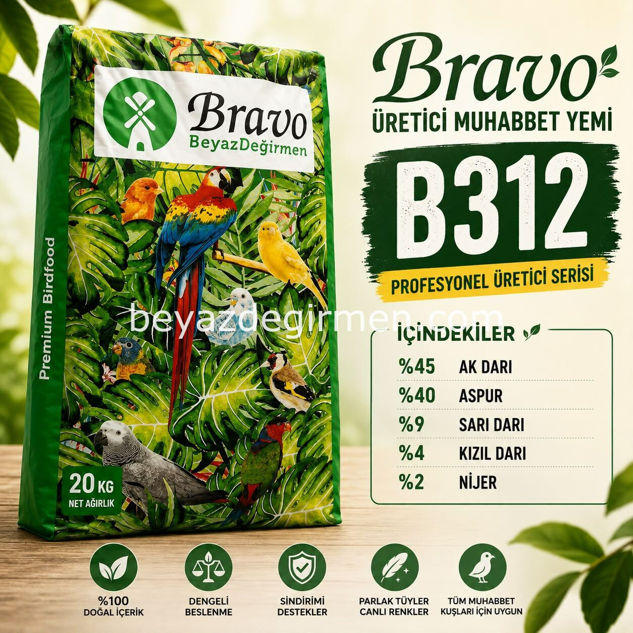 Bravo Üretici Muhabbet Kuşu Yemi 20 Kg – Karışık İçerik (B312)